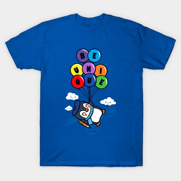 Be Unique Cute Kawaii Penguin Flying With Balloons T-Shirt by BoggsNicolas